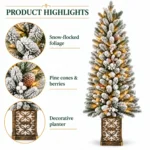 4 ft Prelit Flocked Potted Artificial Christmas Tree with 100 Multicolor LED Lights, Pinecones and Gold-Tone Decorative Planter