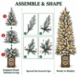 4 ft Prelit Flocked Potted Artificial Christmas Tree with 100 Multicolor LED Lights, Pinecones and Gold-Tone Decorative Planter