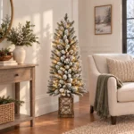 4 ft Prelit Flocked Potted Artificial Christmas Tree with 100 Multicolor LED Lights, Pinecones and Gold-Tone Decorative Planter