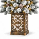 4 ft Prelit Flocked Potted Artificial Christmas Tree with 100 Multicolor LED Lights, Pinecones and Gold-Tone Decorative Planter