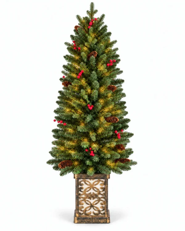 4 ft Prelit Potted Artificial Christmas Tree with 100 Multicolor LED Lights, Pinecones, Red Berry Accents and Decorative Planter