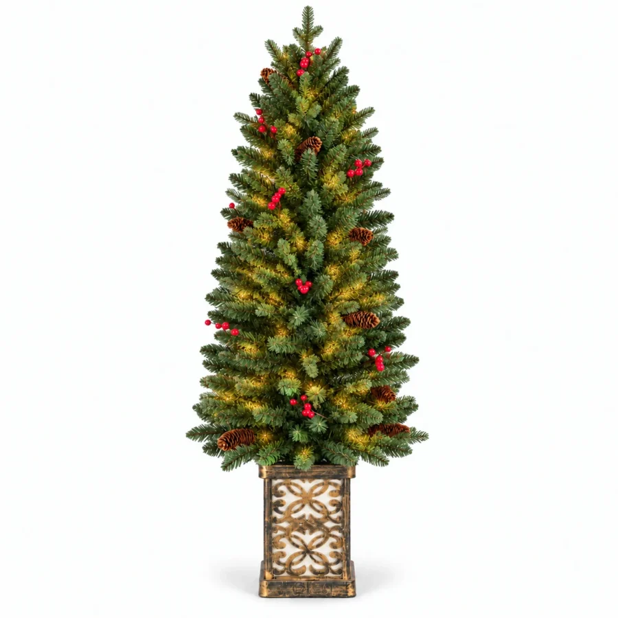 4 ft Prelit Potted Artificial Christmas Tree with 100 Multicolor LED Lights, Pinecones, Red Berry Accents and Decorative Planter