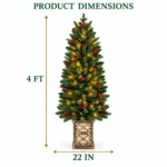 4 ft Prelit Potted Artificial Christmas Tree with 100 Multicolor LED Lights, Pinecones, Red Berry Accents and Decorative Planter