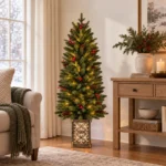 4 ft Prelit Potted Artificial Christmas Tree with 100 Multicolor LED Lights, Pinecones, Red Berry Accents and Decorative Planter