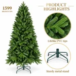 7.5 ft Unlit Artificial Christmas Tree with Layered Green PE/PVC Foliage, 1,599 Branch Tips, Hinged Branches and Metal Stand