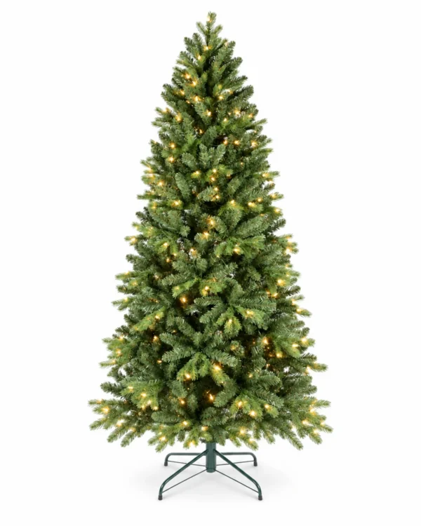 7.5 ft Prelit Artificial Christmas Tree with 450 Warm White LED Lights, Layered Green PE/PVC Foliage, 1,599 Tips and Metal Stand