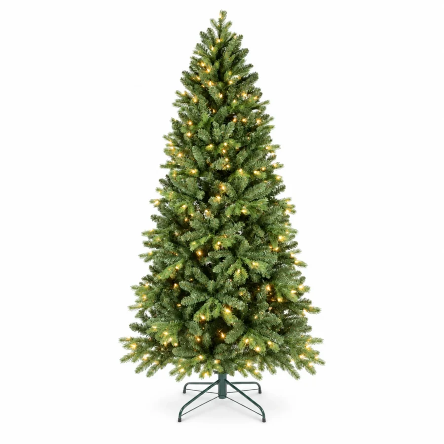 7.5 ft Prelit Artificial Christmas Tree with 450 Warm White LED Lights, Layered Green PE/PVC Foliage, 1,599 Tips and Metal Stand