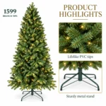 7.5 ft Prelit Artificial Christmas Tree with 450 Warm White LED Lights, Layered Green PE/PVC Foliage, 1,599 Tips and Metal Stand