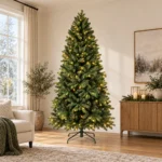 7.5 ft Prelit Artificial Christmas Tree with 450 Warm White LED Lights, Layered Green PE/PVC Foliage, 1,599 Tips and Metal Stand