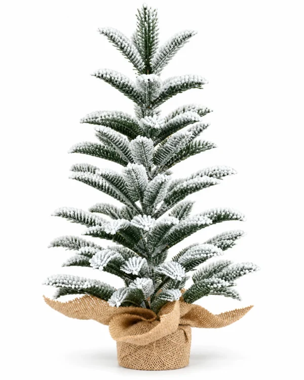 19.7 in Flocked Artificial Tabletop Christmas Tree, 85 PE Branch Tips, Unlit Mini Tree with Rustic Wrapped Base for Desk or Mantel