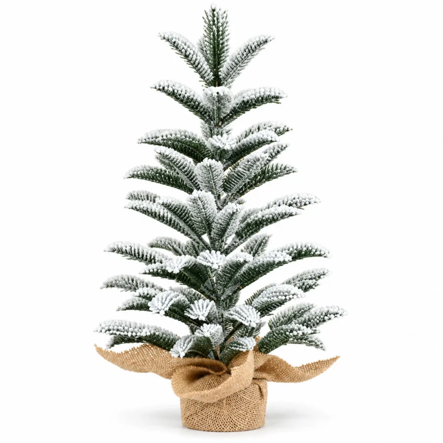 19.7 in Flocked Artificial Tabletop Christmas Tree, 85 PE Branch Tips, Unlit Mini Tree with Rustic Wrapped Base for Desk or Mantel