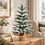 19.7 in Flocked Artificial Tabletop Christmas Tree, 85 PE Branch Tips, Unlit Mini Tree with Rustic Wrapped Base for Desk or Mantel