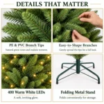 7 ft Artificial Christmas Tree, 1180 Tips, 400 Warm White Lights