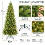 7.5 ft Artificial Christmas Tree, 1396 Tips, 450 Warm White Lights