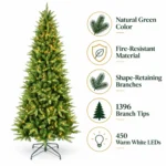 7.5 ft Artificial Christmas Tree, 1396 Tips, 450 Warm White Lights