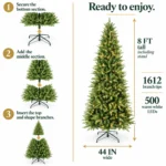 8 ft Artificial Christmas Tree, 1612 Tips, 500 Warm White Lights