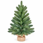 2 ft Unlit Artificial Tabletop Christmas Tree, Blue Green PE/PVC Branches, Rustic Wrapped Base, 65 Tips for Desk and Counter Decor