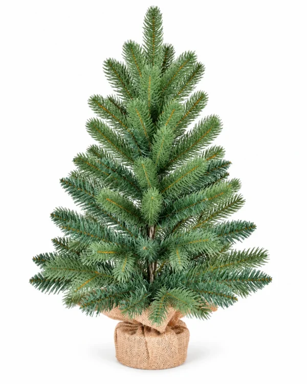 2 ft Unlit Artificial Tabletop Christmas Tree, Blue Green PE/PVC Branches, Rustic Wrapped Base, 65 Tips for Desk and Counter Decor