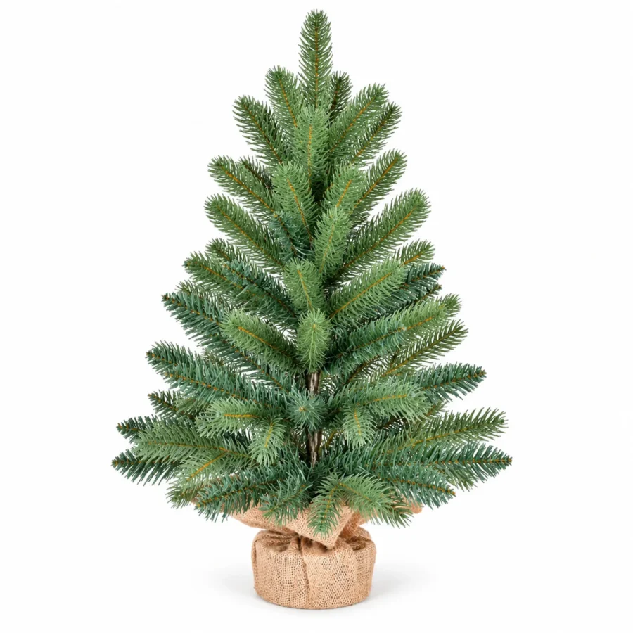 2 ft Unlit Artificial Tabletop Christmas Tree, Blue Green PE/PVC Branches, Rustic Wrapped Base, 65 Tips for Desk and Counter Decor
