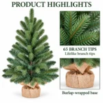 2 ft Unlit Artificial Tabletop Christmas Tree, Blue Green PE/PVC Branches, Rustic Wrapped Base, 65 Tips for Desk and Counter Decor
