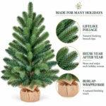 2 ft Unlit Artificial Tabletop Christmas Tree, Blue Green PE/PVC Branches, Rustic Wrapped Base, 65 Tips for Desk and Counter Decor