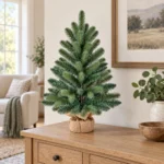 2 ft Unlit Artificial Tabletop Christmas Tree, Blue Green PE/PVC Branches, Rustic Wrapped Base, 65 Tips for Desk and Counter Decor