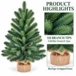 2.5 ft Unlit Artificial Tabletop Christmas Tree, Blue Green PE/PVC Foliage, Rustic Wrapped Base, 110 Tips for Console and Sideboard Decor