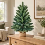 2.5 ft Unlit Artificial Tabletop Christmas Tree, Blue Green PE/PVC Foliage, Rustic Wrapped Base, 110 Tips for Console and Sideboard Decor