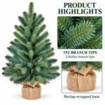 3 ft Unlit Artificial Christmas Tree, Blue Green PE/PVC Foliage, Rustic Wrapped Base, 192 Tips for Tabletop and Entryway Holiday Decor