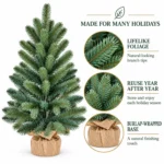 3 ft Unlit Artificial Christmas Tree, Blue Green PE/PVC Foliage, Rustic Wrapped Base, 192 Tips for Tabletop and Entryway Holiday Decor