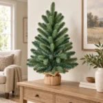 3 ft Unlit Artificial Christmas Tree, Blue Green PE/PVC Foliage, Rustic Wrapped Base, 192 Tips for Tabletop and Entryway Holiday Decor