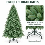 5 ft Unlit Artificial Christmas Tree, Full Blue Green PE/PVC Foliage, 854 Tips, Hinged Branches and Metal Stand for Holiday Decorating