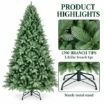 6 ft Unlit Artificial Christmas Tree, Full Blue Green PE/PVC Foliage, 1,390 Tips, Hinged Branches and Metal Stand for Living Room Decor
