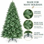 6 ft Unlit Artificial Christmas Tree, Full Blue Green PE/PVC Foliage, 1,390 Tips, Hinged Branches and Metal Stand for Living Room Decor