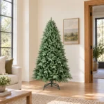6 ft Unlit Artificial Christmas Tree, Full Blue Green PE/PVC Foliage, 1,390 Tips, Hinged Branches and Metal Stand for Living Room Decor