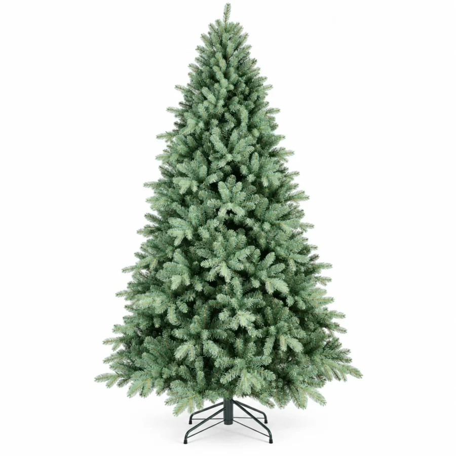 7 ft Unlit Artificial Christmas Tree, Full Blue Green PE/PVC Foliage, 1,845 Tips, Hinged Branches and Metal Stand for Holiday Home Decor