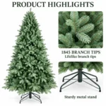 7 ft Unlit Artificial Christmas Tree, Full Blue Green PE/PVC Foliage, 1,845 Tips, Hinged Branches and Metal Stand for Holiday Home Decor