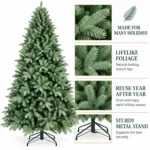 7 ft Unlit Artificial Christmas Tree, Full Blue Green PE/PVC Foliage, 1,845 Tips, Hinged Branches and Metal Stand for Holiday Home Decor