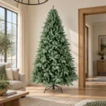 7 ft Unlit Artificial Christmas Tree, Full Blue Green PE/PVC Foliage, 1,845 Tips, Hinged Branches and Metal Stand for Holiday Home Decor