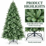 7.5 ft Unlit Artificial Christmas Tree, Full Blue Green PE/PVC Foliage, 2,148 Tips, Hinged Branches and Metal Stand for Holiday Decor