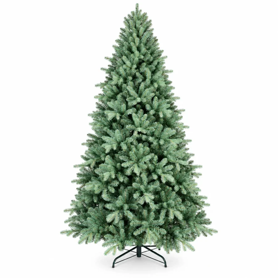 8 ft Unlit Artificial Christmas Tree, Full Blue Green PE/PVC Foliage, 2,458 Tips, Hinged Branches and Metal Stand for Spacious Rooms