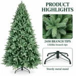 8 ft Unlit Artificial Christmas Tree, Full Blue Green PE/PVC Foliage, 2,458 Tips, Hinged Branches and Metal Stand for Spacious Rooms
