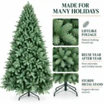 8 ft Unlit Artificial Christmas Tree, Full Blue Green PE/PVC Foliage, 2,458 Tips, Hinged Branches and Metal Stand for Spacious Rooms