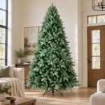 8 ft Unlit Artificial Christmas Tree, Full Blue Green PE/PVC Foliage, 2,458 Tips, Hinged Branches and Metal Stand for Spacious Rooms