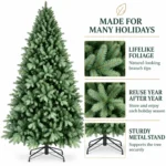9 ft Unlit Artificial Christmas Tree, Full Blue Green PE/PVC Foliage, 3,268 Tips, Hinged Branches and Metal Stand for Foyer Holiday Decor