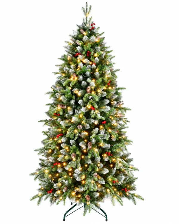 6 ft Pre-Lit Artificial Christmas Tree, 380 Warm White LED Lights, 1,264 PE/PVC Branch Tips, Hinged 3-Section Design with Metal Stand