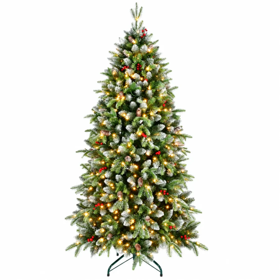 6 ft Pre-Lit Artificial Christmas Tree, 380 Warm White LED Lights, 1,264 PE/PVC Branch Tips, Hinged 3-Section Design with Metal Stand
