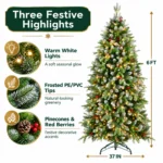 6 ft Pre-Lit Artificial Christmas Tree, 380 Warm White LED Lights, 1,264 PE/PVC Branch Tips, Hinged 3-Section Design with Metal Stand