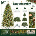 6 ft Pre-Lit Artificial Christmas Tree, 380 Warm White LED Lights, 1,264 PE/PVC Branch Tips, Hinged 3-Section Design with Metal Stand