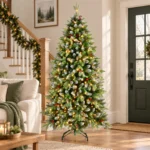 6 ft Pre-Lit Artificial Christmas Tree, 380 Warm White LED Lights, 1,264 PE/PVC Branch Tips, Hinged 3-Section Design with Metal Stand